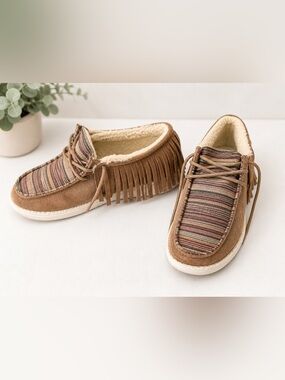 Gypsy Jazz aztec fringe moccasin style ankle shoe with sherpa lining